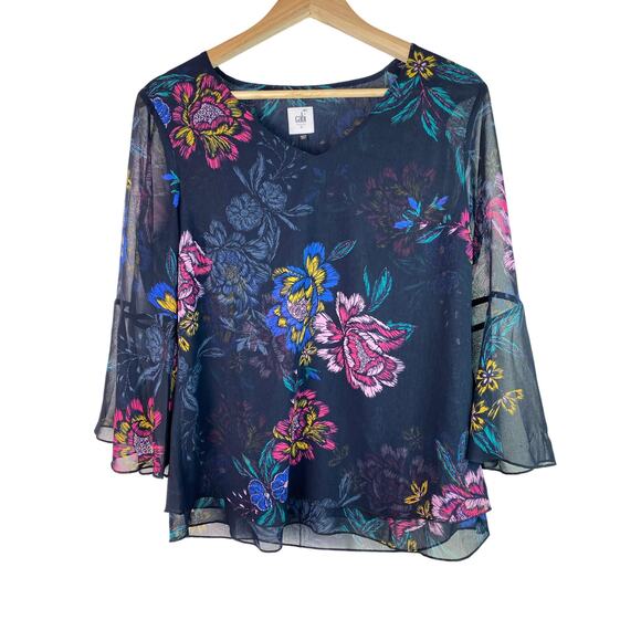 CAbi Olivia Women's S Blue Floral Chiffon 3/4 Bell Sleeve Semi-Sheer Boho Blouse - Picture 1 of 7